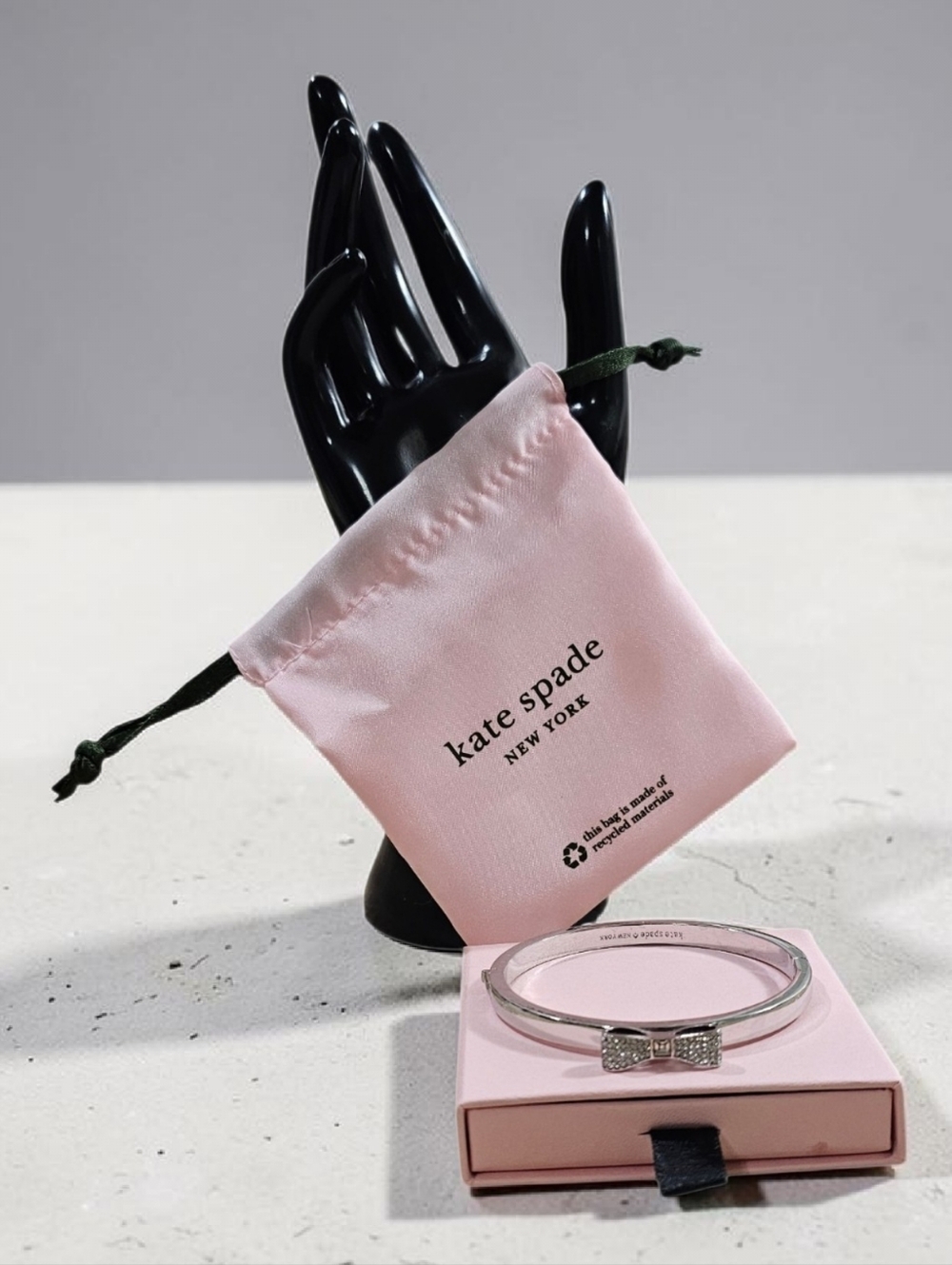 Kate Spade NY Crystal Bow Hinged Bangle Bracelet Silver Tone | Pouch ÷ Box NWOT - Picture 7 of 8